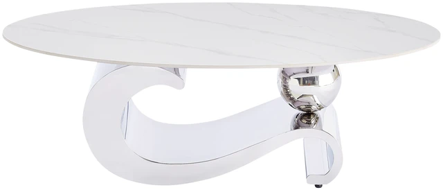 Main image of Silver Metal Coffee Table with Stainless Steel Pedestal and Faux Marble Top Silver Base