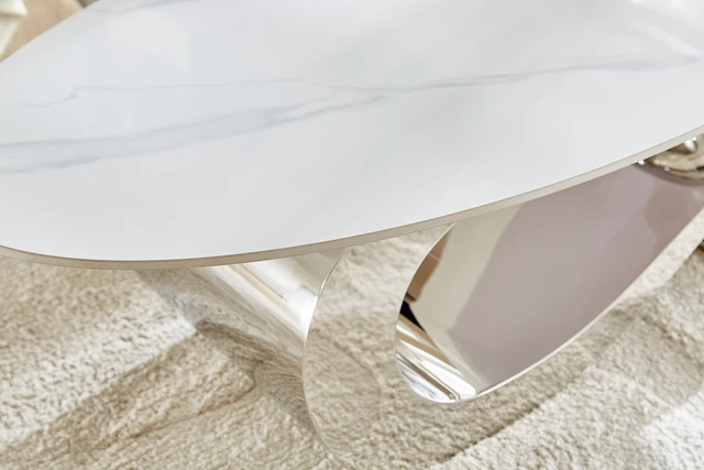 Alt view image 3 of 3 - Silver Metal Coffee Table with Stainless Steel Pedestal and Faux Marble Top Silver Base