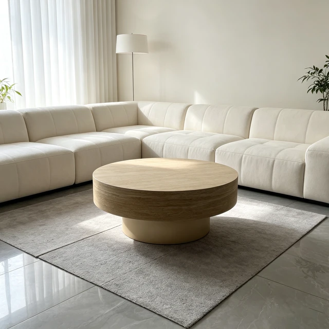 Alt view image 2 of 7 - 31.88 Inch Round Travertine Coffee Table, Drum Coffee Table with Gold Metal Pedestal Base Textured Circular Center