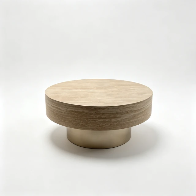 Alt view image 5 of 7 - 31.88 Inch Round Travertine Coffee Table, Drum Coffee Table with Gold Metal Pedestal Base Textured Circular Center
