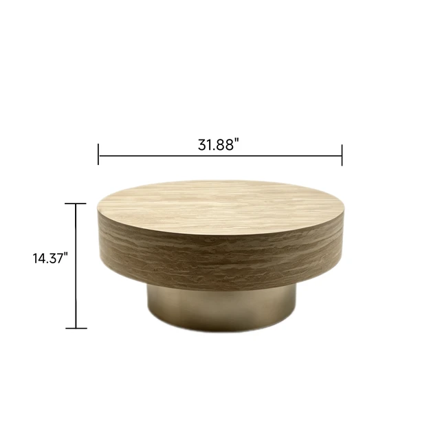 Alt view image 6 of 7 - 31.88 Inch Round Travertine Coffee Table, Drum Coffee Table with Gold Metal Pedestal Base Textured Circular Center