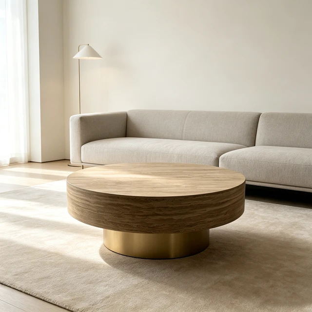 Alt view image 3 of 7 - 31.88 Inch Round Travertine Coffee Table, Drum Coffee Table with Gold Metal Pedestal Base Textured Circular Center