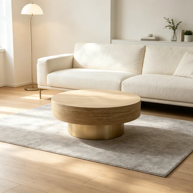 Alt view image 4 of 7 - 31.88 Inch Round Travertine Coffee Table, Drum Coffee Table with Gold Metal Pedestal Base Textured Circular Center
