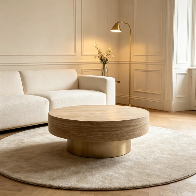Main image of 31.88 Inch Round Travertine Coffee Table, Drum Coffee Table with Gold Metal Pedestal Base Textured Circular Center