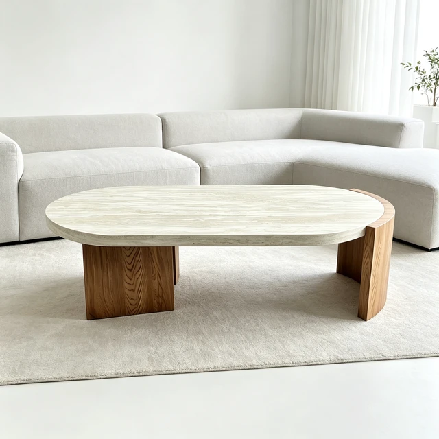 Alt view image 3 of 7 - 48.42 Inch Oval Coffee Table, Coffee Table with Faux Curved MDF Legs Faux Textured MDF Tabletop Oval Center for Living