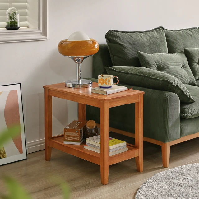 Alt view image 2 of 7 - Solid Side Table for Living, End Table with Storage Shelf 2 Tier Sofa for Living Rubber Indoor Plant Stand, Cherry