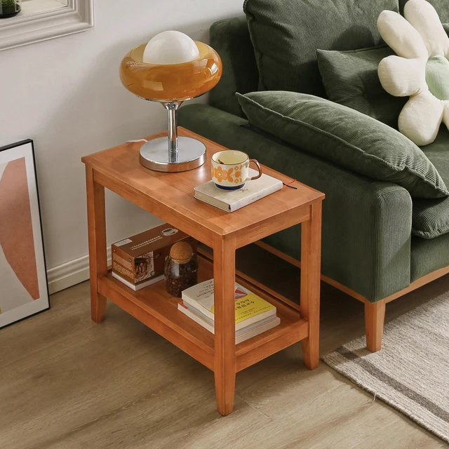 Main image of Solid Side Table for Living, End Table with Storage Shelf 2 Tier Sofa for Living Rubber Indoor Plant Stand, Cherry