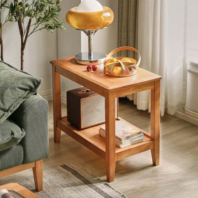 Alt view image 3 of 7 - Solid Side Table for Living, End Table with Storage Shelf 2 Tier Sofa for Living Rubber Indoor Plant Stand, Cherry