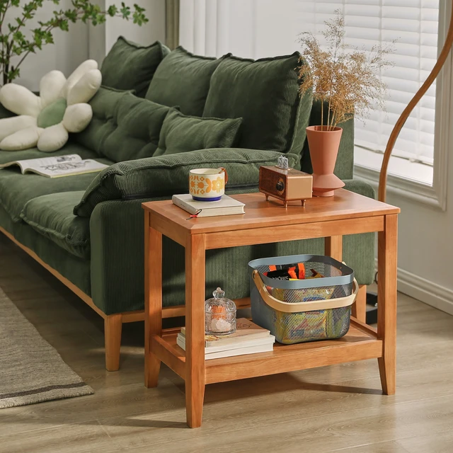 Alt view image 4 of 7 - Solid Side Table for Living, End Table with Storage Shelf 2 Tier Sofa for Living Rubber Indoor Plant Stand, Cherry
