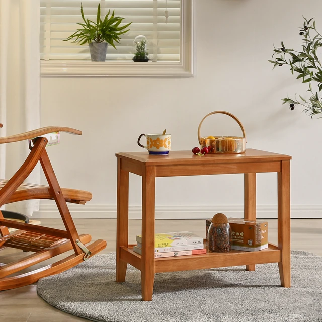 Alt view image 5 of 7 - Solid Side Table for Living, End Table with Storage Shelf 2 Tier Sofa for Living Rubber Indoor Plant Stand, Cherry