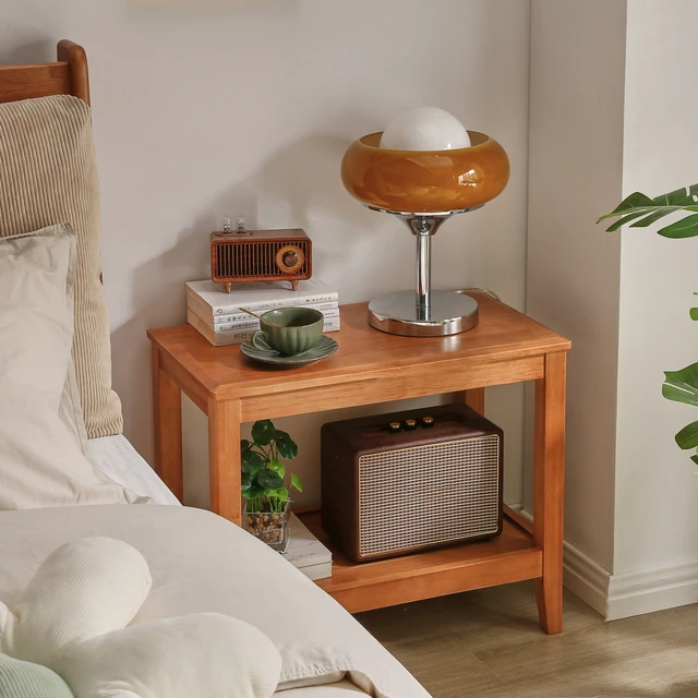 Alt view image 7 of 7 - Solid Side Table for Living, End Table with Storage Shelf 2 Tier Sofa for Living Rubber Indoor Plant Stand, Cherry