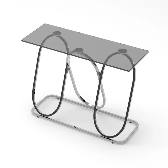 Alt view image 3 of 4 - 43.3 Inch Tempered Glass Console Table with Ring Shaped Frames, Chrome Finish and Tempered Glass Suitable for Living
