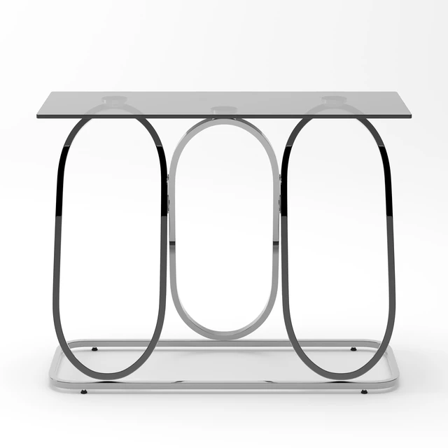 Main image of 43.3 Inch Tempered Glass Console Table with Ring Shaped Frames, Chrome Finish and Tempered Glass Suitable for Living