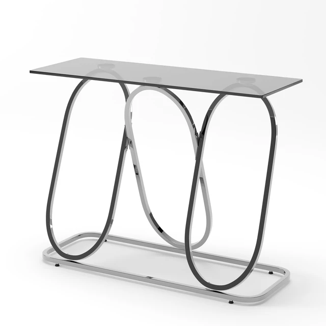 Alt view image 2 of 4 - 43.3 Inch Tempered Glass Console Table with Ring Shaped Frames, Chrome Finish and Tempered Glass Suitable for Living