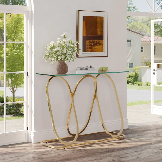 Main image of 43.3 Inch Tempered Glass Console Table with Ring Shaped Frames, Metal Frame and Tempered Glass Suitable for Living