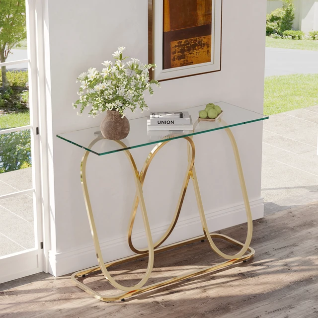 Alt view image 3 of 7 - 43.3 Inch Tempered Glass Console Table with Ring Shaped Frames, Metal Frame and Tempered Glass Suitable for Living