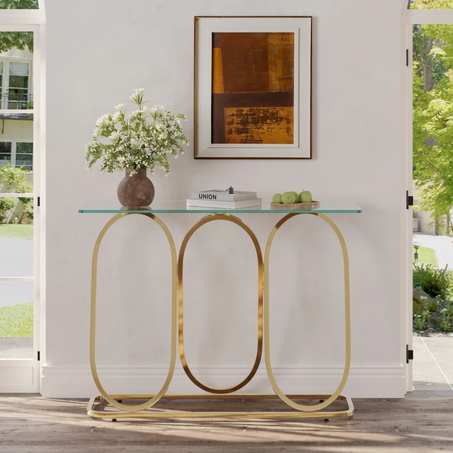 Alt view image 2 of 7 - 43.3 Inch Tempered Glass Console Table with Ring Shaped Frames, Metal Frame and Tempered Glass Suitable for Living