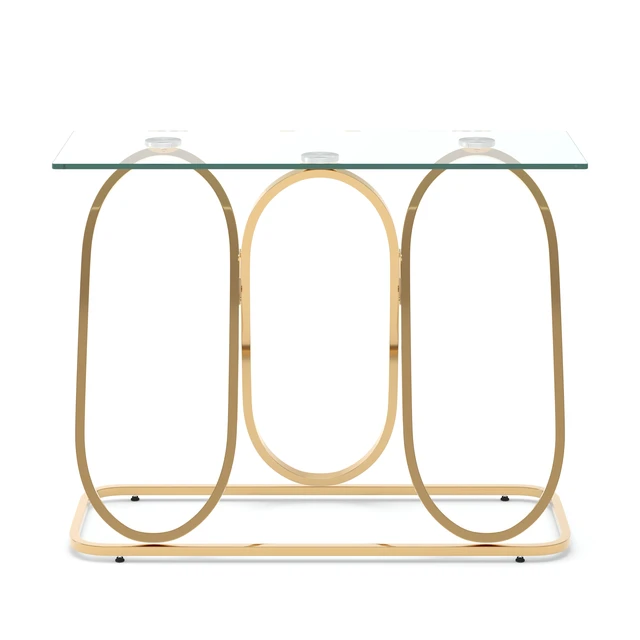 Alt view image 4 of 7 - 43.3 Inch Tempered Glass Console Table with Ring Shaped Frames, Metal Frame and Tempered Glass Suitable for Living