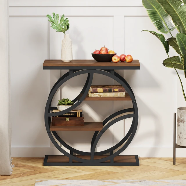 Alt view image 3 of 7 - 4 Tier Side Table with Storage, 25.6 Inch Narrow End Table Plant Stand and Nightstand Geometric Metal Frame Accent