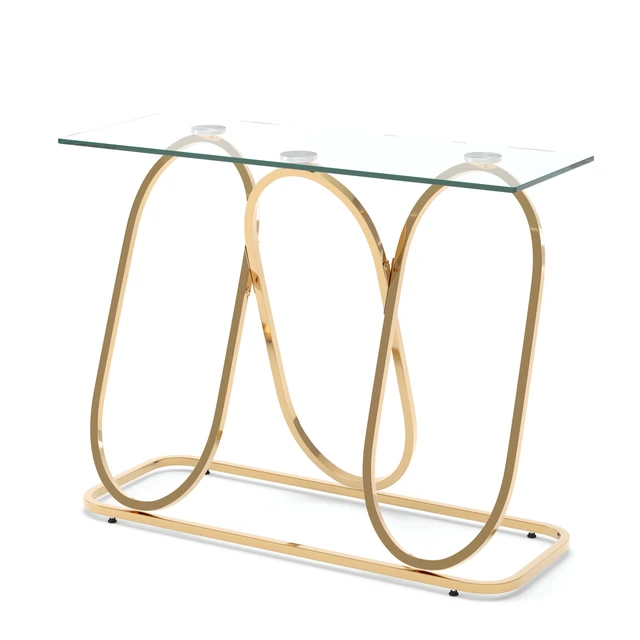 Alt view image 5 of 7 - 43.3 Inch Tempered Glass Console Table with Ring Shaped Frames, Metal Frame and Tempered Glass Suitable for Living