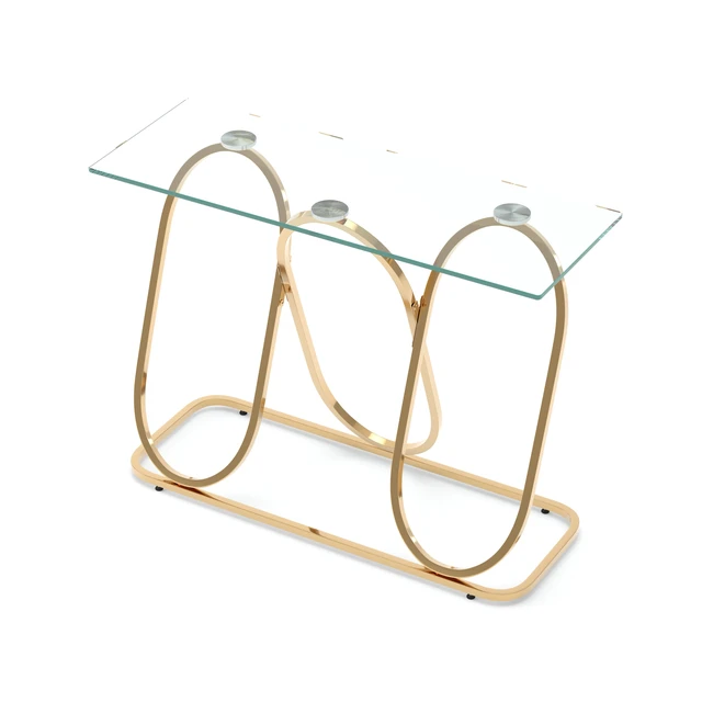 Alt view image 6 of 7 - 43.3 Inch Tempered Glass Console Table with Ring Shaped Frames, Metal Frame and Tempered Glass Suitable for Living