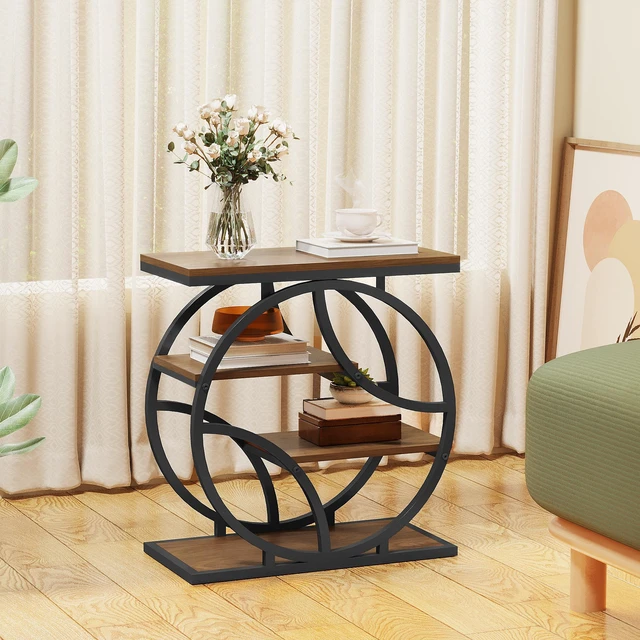 Alt view image 6 of 7 - 4 Tier Side Table with Storage, 25.6 Inch Narrow End Table Plant Stand and Nightstand Geometric Metal Frame Accent