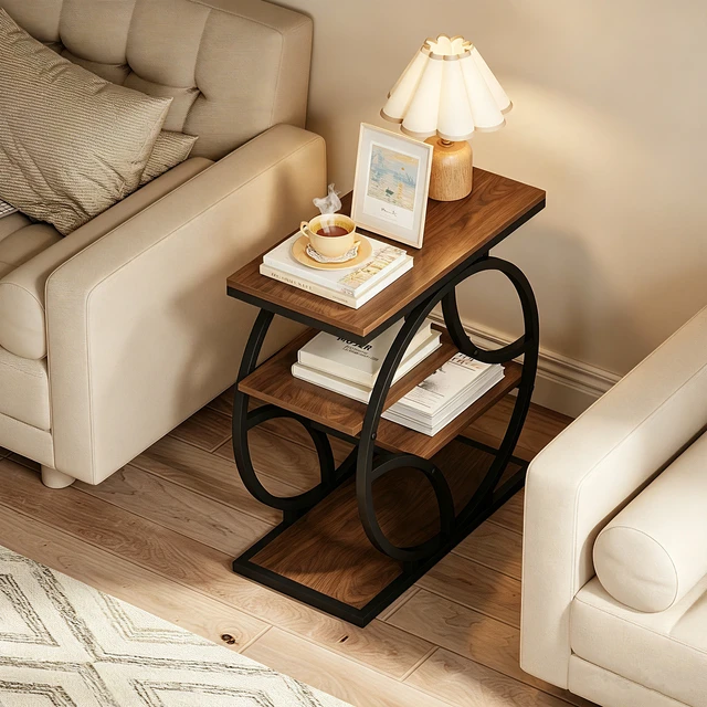 Alt view image 5 of 7 - 4 Tier Side Table with Storage, 25.6 Inch Narrow End Table Plant Stand and Nightstand Geometric Metal Frame Accent