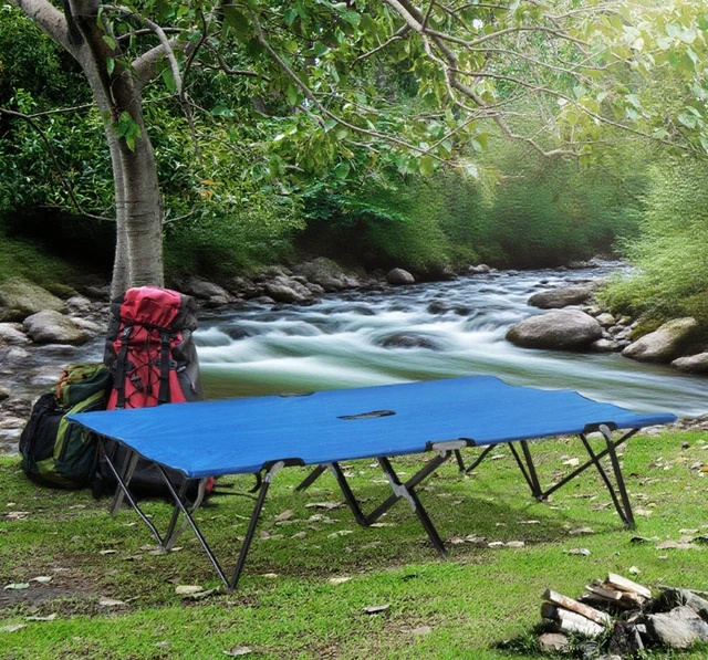 Alt view image 2 of 6 - Folding Camping Cot for Adults, Extra Wide Outdoor Portable Sleeping Cot, Blue, Steel