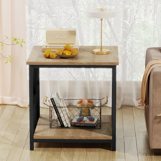Alt view image 2 of 7 - 24 Inch End Table with Storage, 2 Tier Side Table with Open Shelves for Living Nightstand Accent Grey Wash, Gray Wash