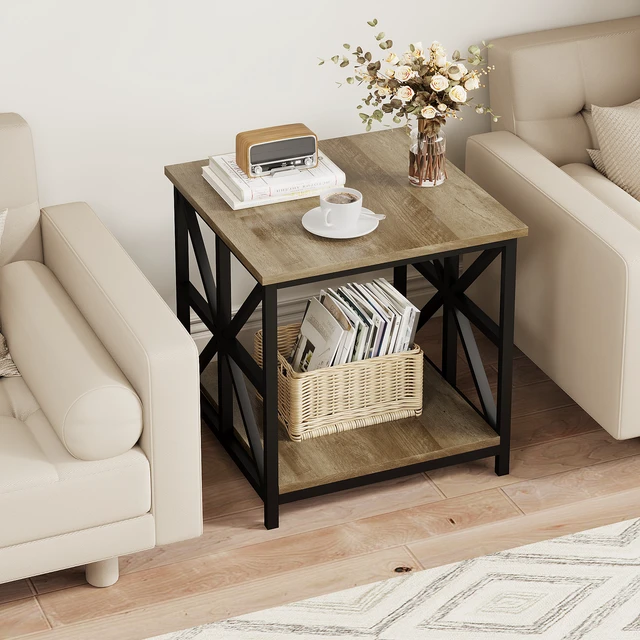 Alt view image 3 of 7 - 24 Inch End Table with Storage, 2 Tier Side Table with Open Shelves for Living Nightstand Accent Grey Wash, Gray Wash