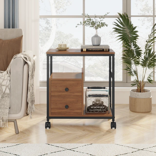 Alt view image 2 of 7 - End Table with Wheels and Storage Drawers, Side Table Nightstand Stable Metal Frame Wood Top for Kitchen Living