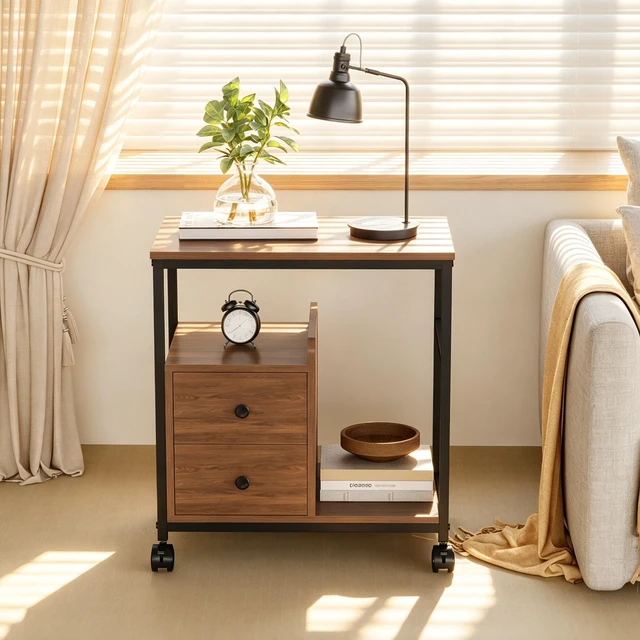 Main image of End Table with Wheels and Storage Drawers, Side Table Nightstand Stable Metal Frame Wood Top for Kitchen Living
