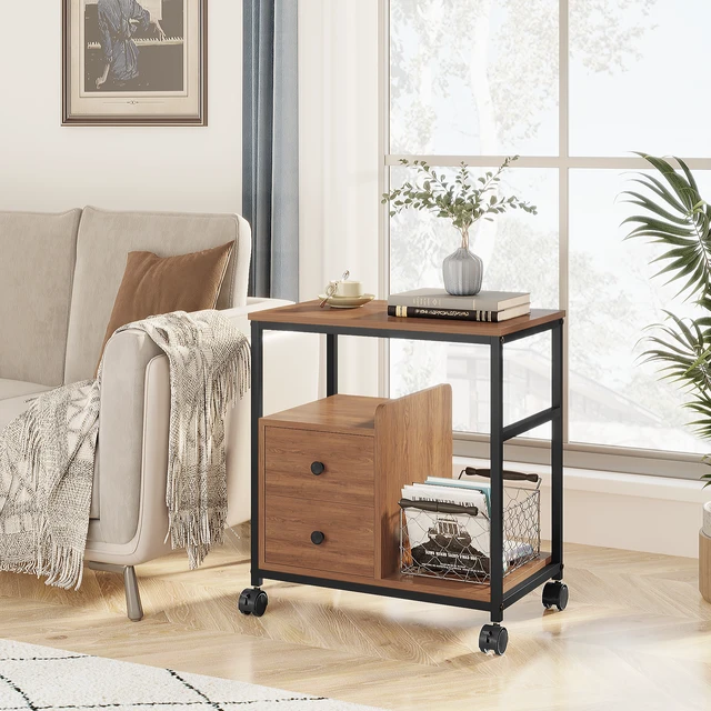 Alt view image 3 of 7 - End Table with Wheels and Storage Drawers, Side Table Nightstand Stable Metal Frame Wood Top for Kitchen Living