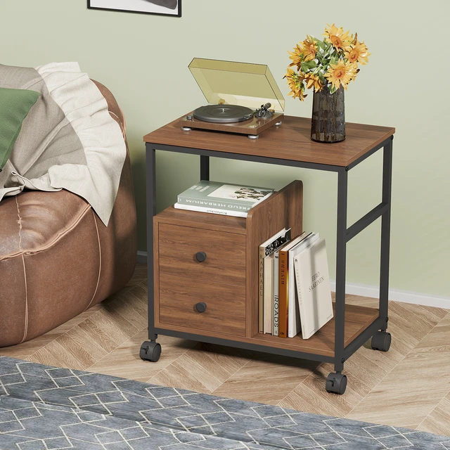 Alt view image 5 of 7 - End Table with Wheels and Storage Drawers, Side Table Nightstand Stable Metal Frame Wood Top for Kitchen Living