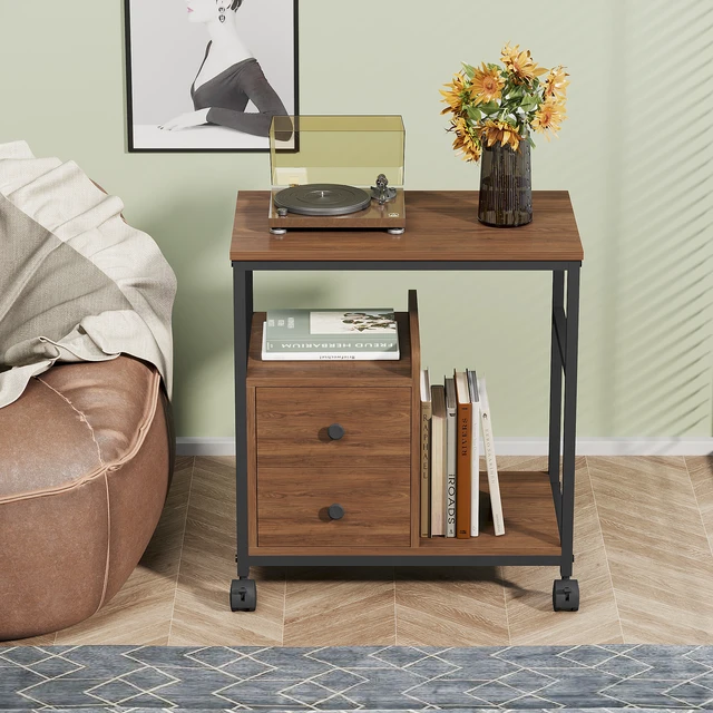 Alt view image 4 of 7 - End Table with Wheels and Storage Drawers, Side Table Nightstand Stable Metal Frame Wood Top for Kitchen Living