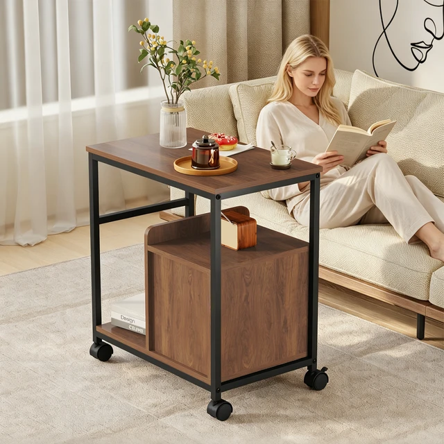 Alt view image 7 of 7 - End Table with Wheels and Storage Drawers, Side Table Nightstand Stable Metal Frame Wood Top for Kitchen Living
