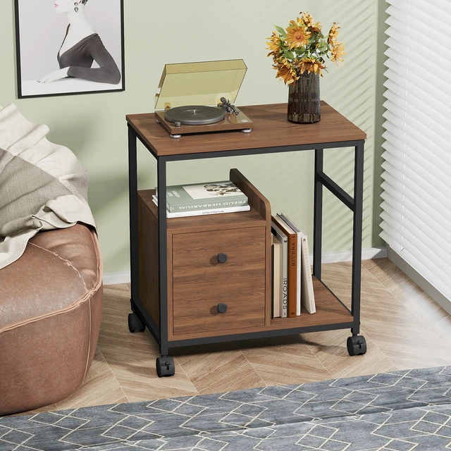Alt view image 6 of 7 - End Table with Wheels and Storage Drawers, Side Table Nightstand Stable Metal Frame Wood Top for Kitchen Living