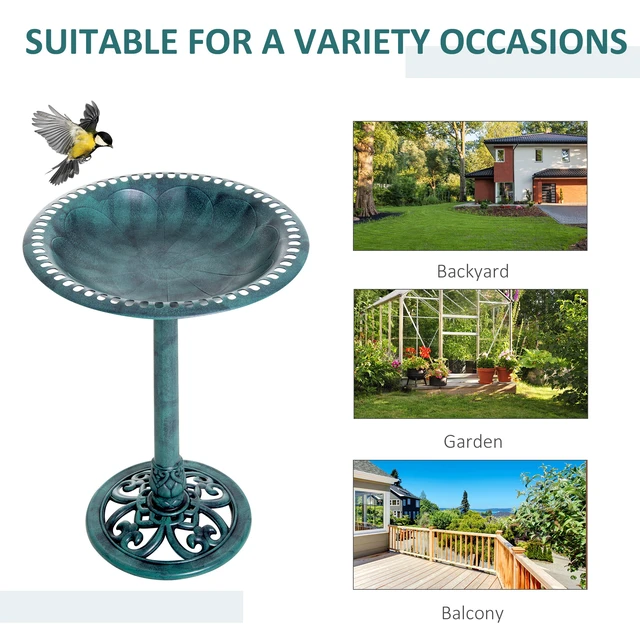 Alt view image 4 of 7 - 28 Inch Bird Bath Outdoor Resin Decor with Fleur Lis Pattern, Time Worn Finish, Green, Plastic