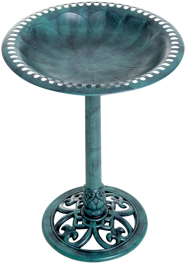Main image of 28 Inch Bird Bath Outdoor Resin Decor with Fleur Lis Pattern, Time Worn Finish, Green, Plastic