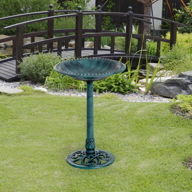 Alt view image 2 of 7 - 28 Inch Bird Bath Outdoor Resin Decor with Fleur Lis Pattern, Time Worn Finish, Green, Plastic
