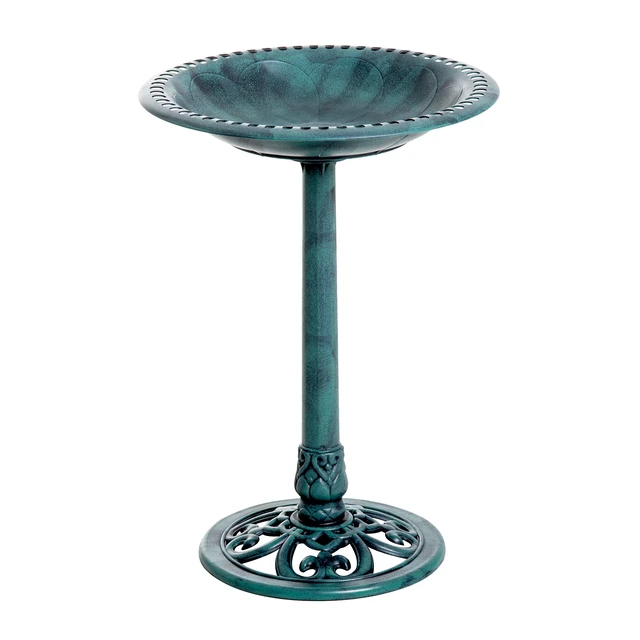 Alt view image 3 of 7 - 28 Inch Bird Bath Outdoor Resin Decor with Fleur Lis Pattern, Time Worn Finish, Green, Plastic