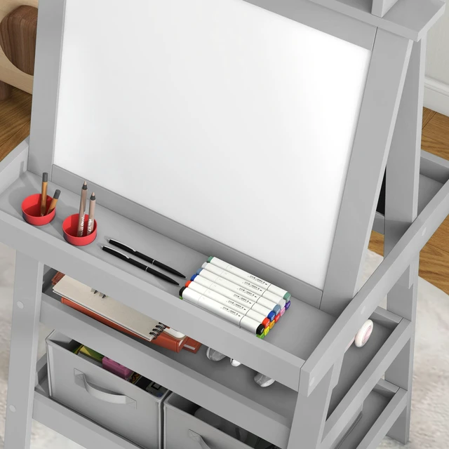 Alt view image 2 of 7 - Easel for Kids, Double Sided Kids Art Easel with Paper Roll Magnetic Whiteboard Chalkboard and Storage Standing Toddler