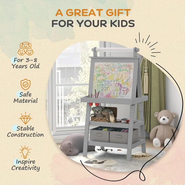 Alt view image 4 of 7 - Easel for Kids, Double Sided Kids Art Easel with Paper Roll Magnetic Whiteboard Chalkboard and Storage Standing Toddler