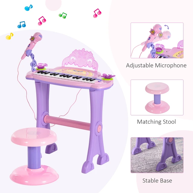 Alt view image 3 of 7 - Key Princess Electronic Toy Piano for Kids, Educational Keyboard Piano with Stool Record Flashing Lights Microphone