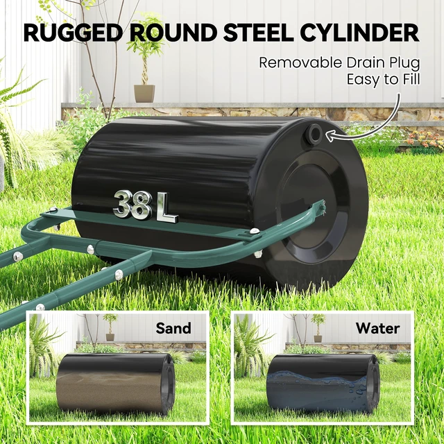 Alt view image 6 of 7 - 20 Inch Push Tow Behind Lawn Roller Filled with Gal Water Sand, Yard Roller for Flattening Sod in the Garden, Dark