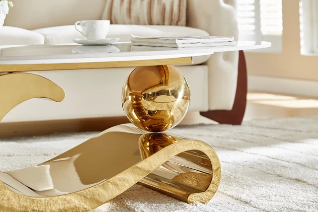 Alt view image 2 of 4 - Gold Metal Coffee Table with Stainless Steel Pedestal and Faux Marble Top Gold Base