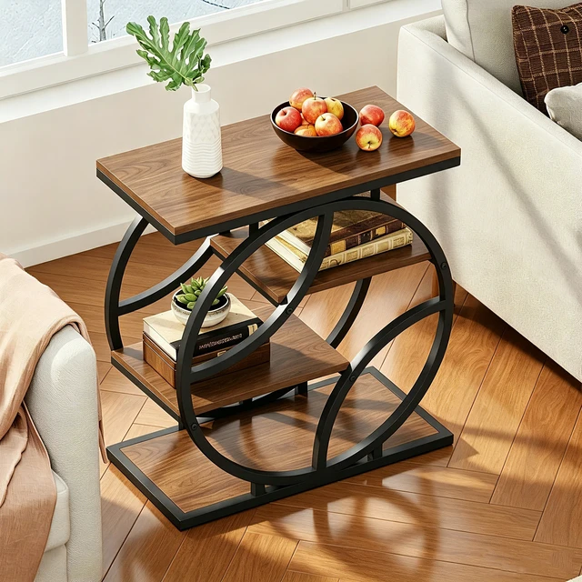Alt view image 4 of 7 - 4 Tier Side Table with Storage, 25.6 Inch Narrow End Table Plant Stand and Nightstand Geometric Metal Frame Accent