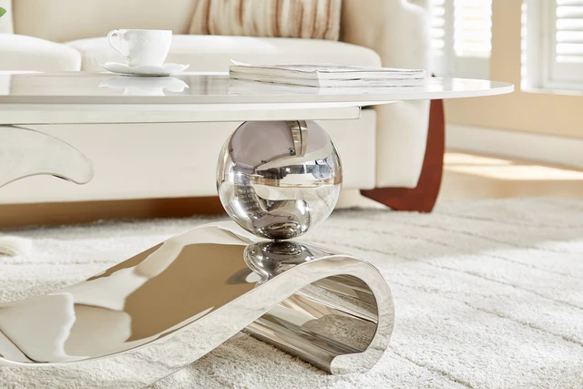 Alt view image 2 of 3 - Silver Metal Coffee Table with Stainless Steel Pedestal and Faux Marble Top Silver Base