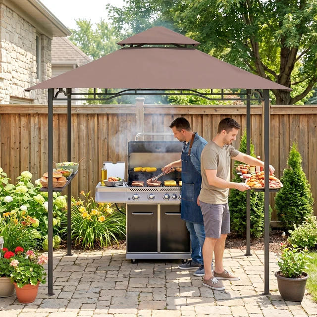 Alt view image 2 of 7 - 8 Grill Gazebo with Double Roof, Outdoor Bbq Gazebo with Side Shelves Steel Grill Tent Canopy for Patio Yard Garden
