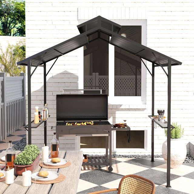 Alt view image 2 of 7 - 8 Hardtop Grill Gazebo, Outdoor Bbq Gazebo with Double Metal Roof Side Shelves and 10 Hooks Grill Canopy for Patio